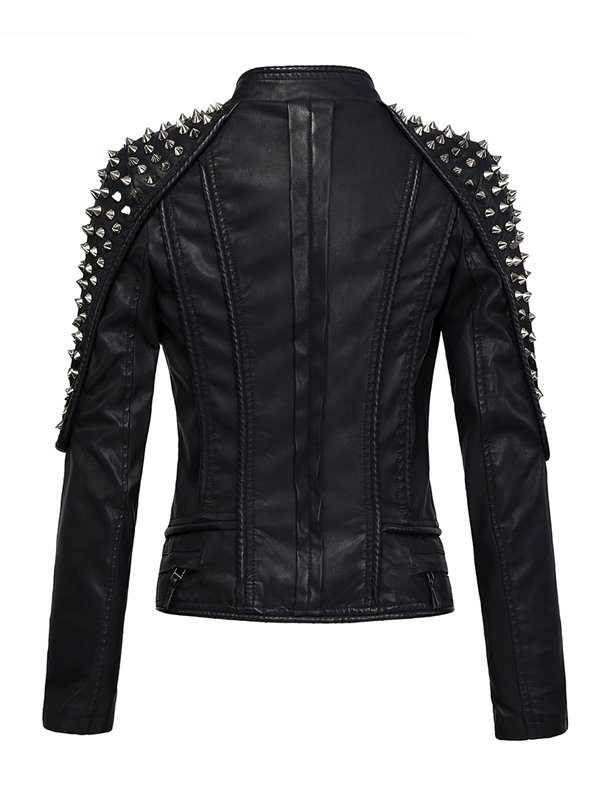 Women's Punk Stylish Studded Biker Leather Jacket Black Back