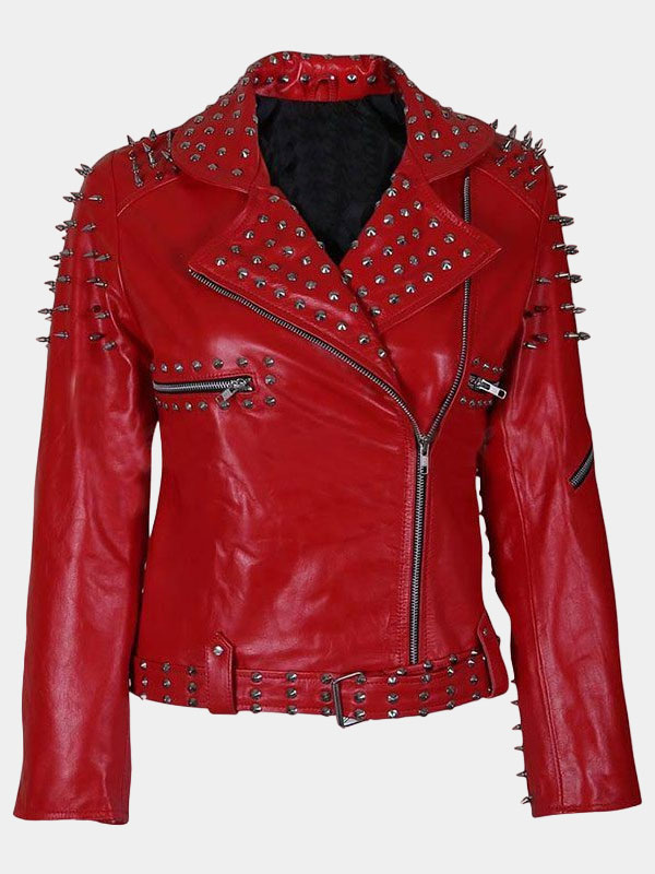 Womens Red Spike Studded Leather Jacket