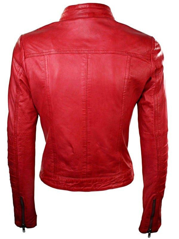 Women’s Sheepskin Leather Biker Jacket Red Back