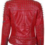 Women's Studded Leather Red Biker Jacket Back