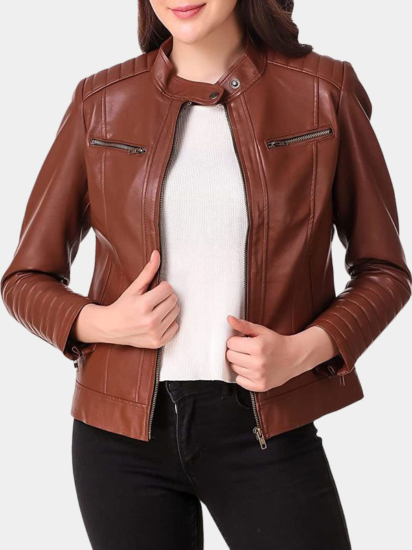 Brown Motorcycle Leather Jacket For Women's