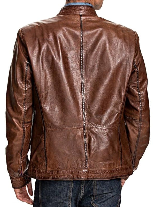 Mens Retro Style Cafe Racer Leather Biker Jacket Brown BAck