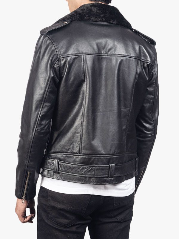 Men's Smooth Black Color Motorcycle Leather Jacket With Shearling Collar