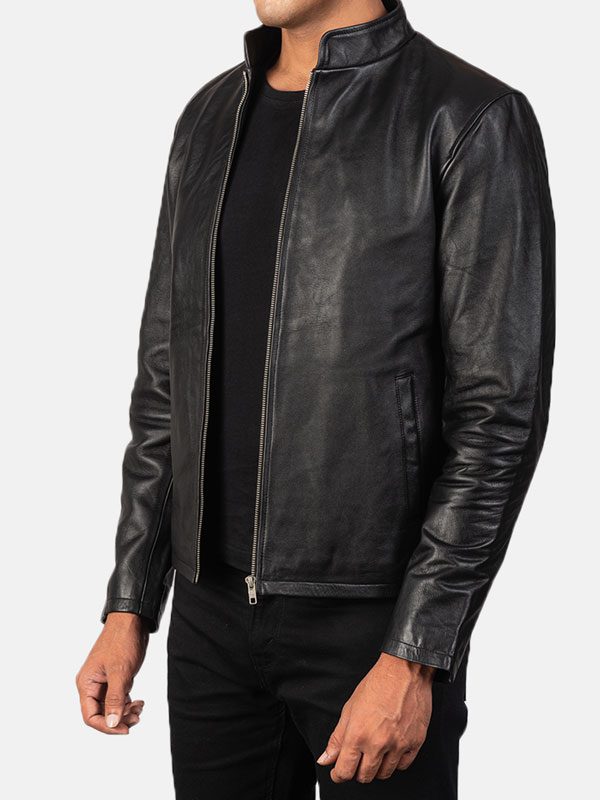 Simple Black Color Cafe Racer Leather Jacket For Men's