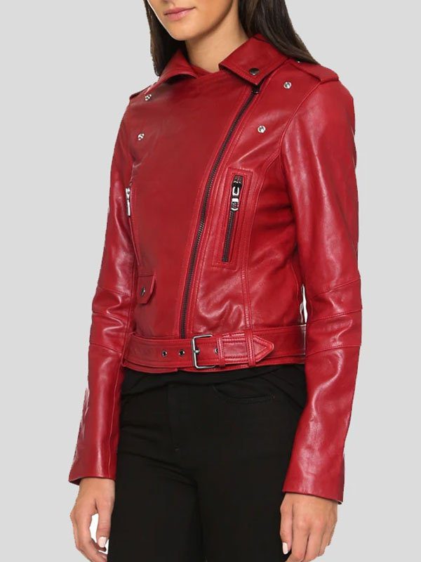 Womens Red Leather Biker Jacket 1