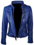 Womens Slim Fit Diamond Quilted Leather Biker Jacket Blue `1