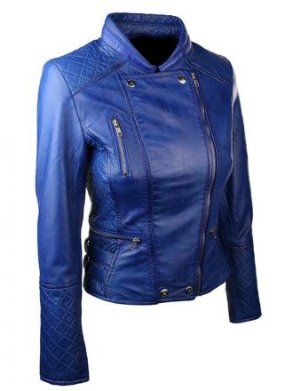 Womens Slim Fit Diamond Quilted Leather Biker Jacket Blue 2