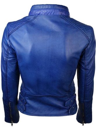 Women's Blue Color Diamond Quilted Biker Jacket