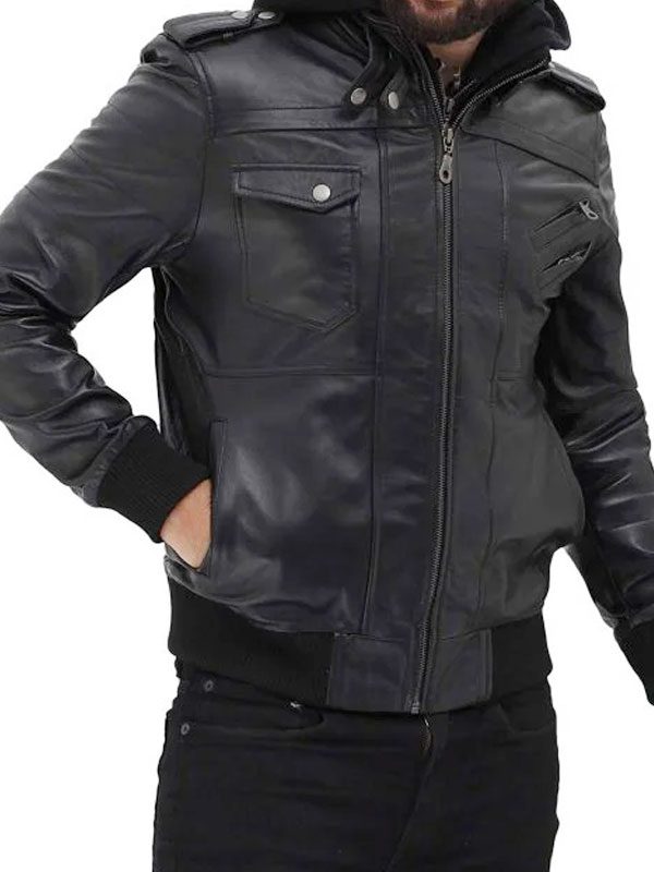 Black Bomber Hooded Fashion Leather Jacket