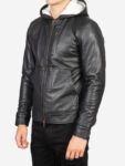 Black Hooded Real Leather Jacket For Men's