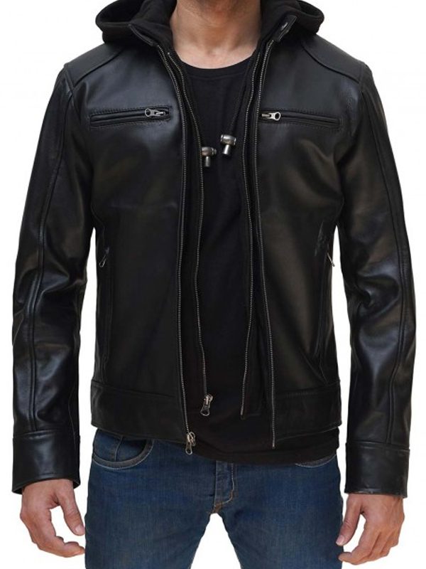 Black Leather Jacket With Hood For Men's