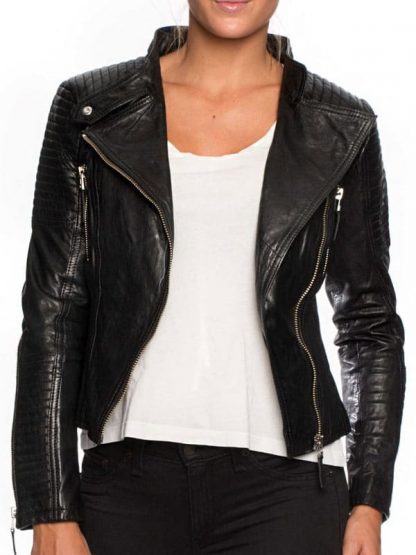 Black Short Body Motorcycle Leather Jacket For Women's