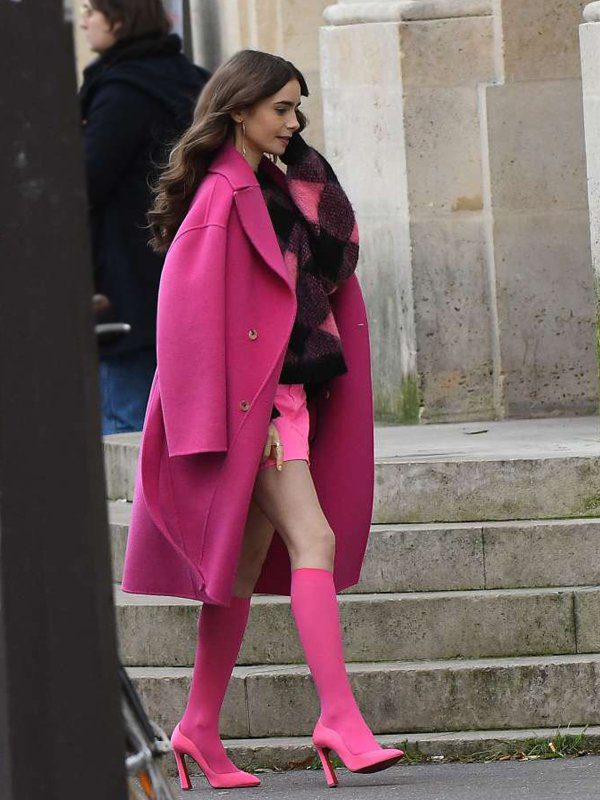 Emily in Paris Lily Collins Pink Trench Wool Coat
