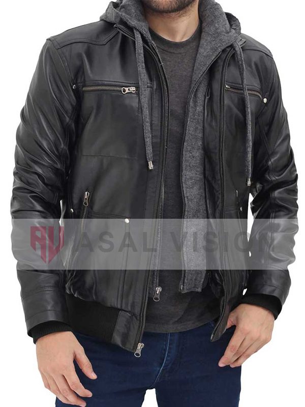 Hooded Style Bomber Leather Jacket For Men's