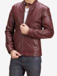 Maroon Color Quilted Biker Leather Jacket For Men's