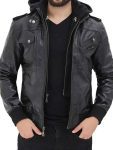 Mens Black Bomber Hooded Fashion Leather Jacket (1)