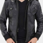 Mens Black Bomber Hooded Fashion Leather Jacket
