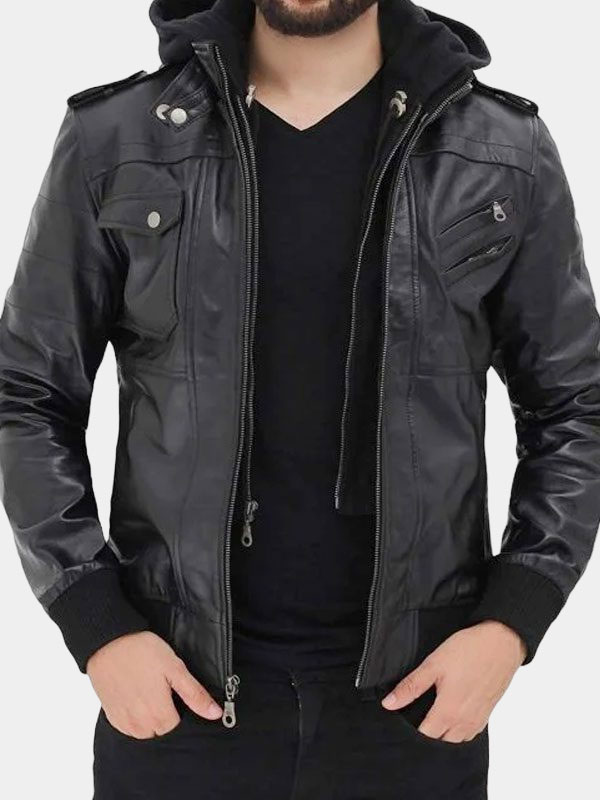 Mens Black Bomber Hooded Fashion Leather Jacket