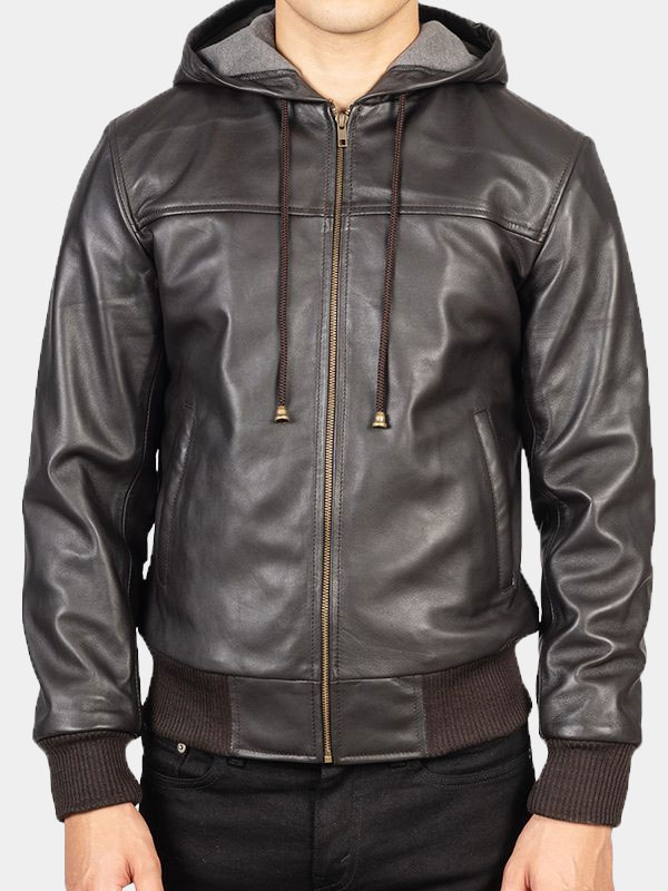 Men's Brown Bomber Leather Jacket With Hood