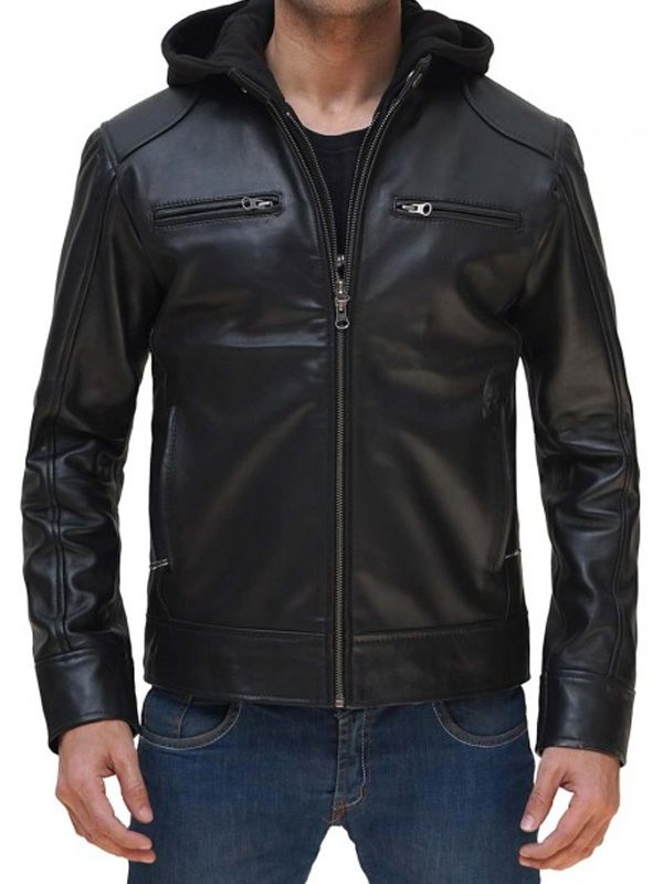 Men's Hot Black Leather Jacket With Hood