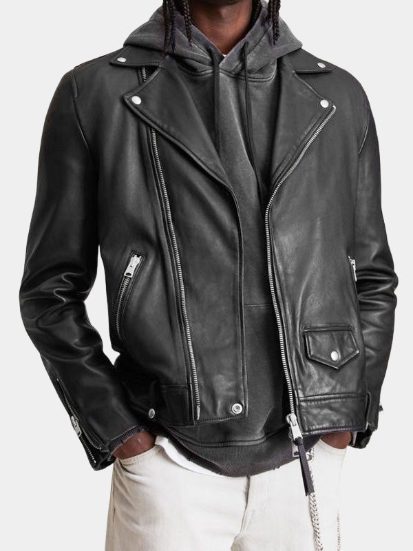 Men's Motorcycle Leather Jacket In Black Color