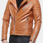 Men's Tan Quilted And Padded Motorcycle Jacket