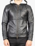 Smooth Black Hooded Leather Jacket For Men's