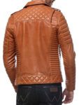 Tan Quilted And Padded Motorcycle Leather Jacket For Men's