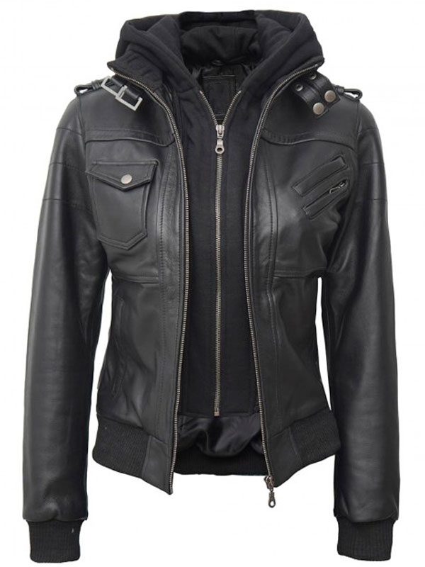 Women's Black Real Leather Jacket With Hood