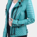 Women's Blue Quilted And Padded Motorcycle Jacket