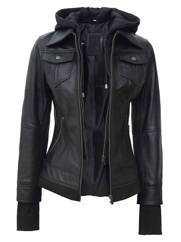 Bomber Hooded Leather Jacket In Black Color