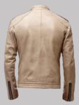 Beige Leather Moto Jacket For Men's