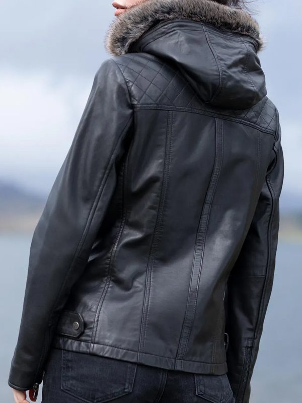 New Women's Black Stylish Real Leather Hoodie Ladies Jacket Detach Hood 