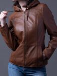 Brown Hooded Leather Jacket For Women's