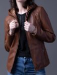 Brown Hooded Leather Fashion Jacket For Women's