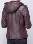 Burgundy Hooded Leather Jacket For Women's