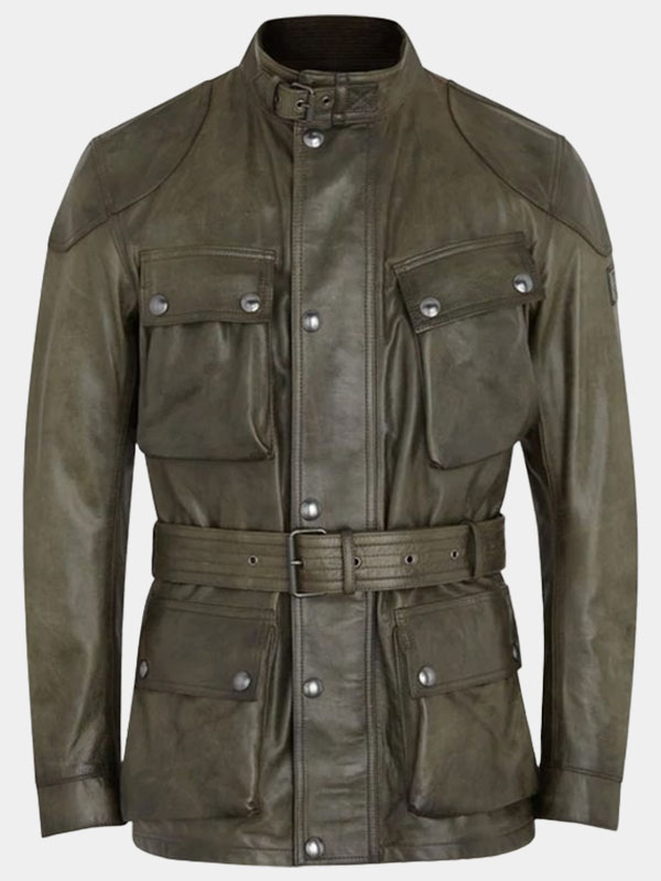 Men's Olive Green Belted Leather Fashion Jacket
