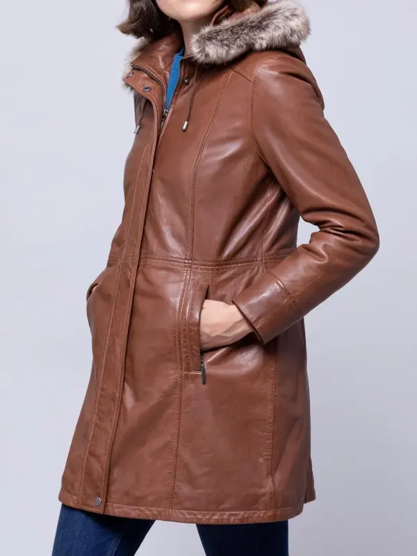 Tan Fur Hooded Leather Coat