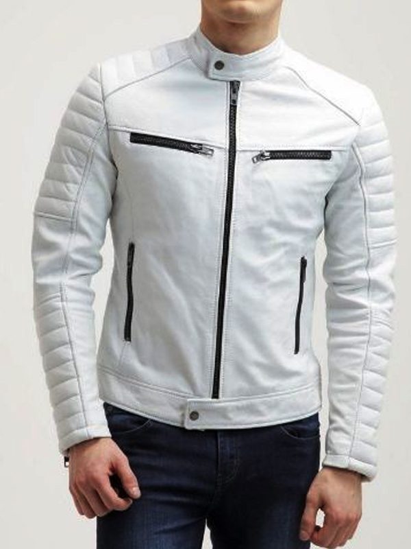 White Biker Leather Jacket For Men's