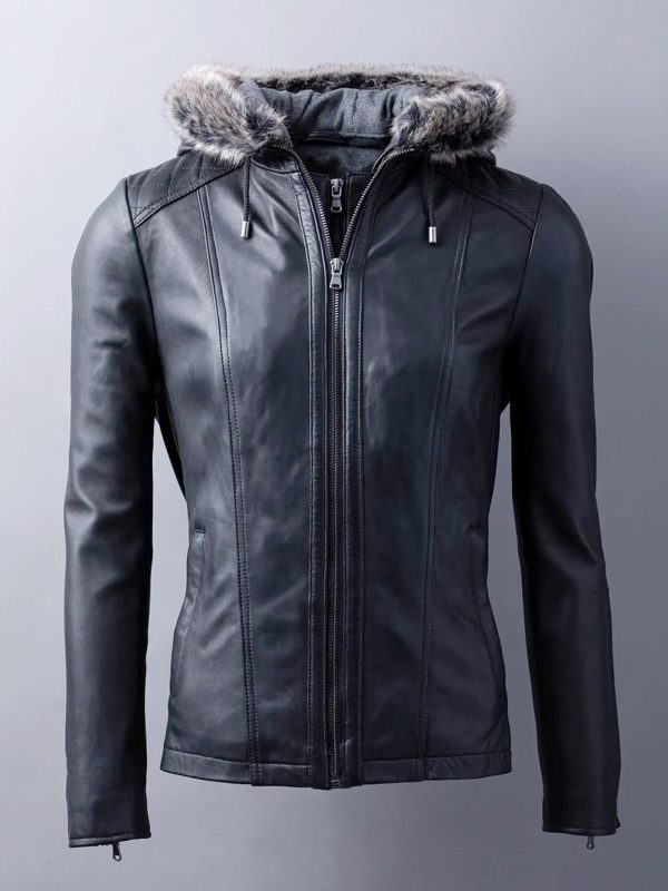 Womens Black Leather Fashion Jacket With Fur Hood