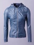Womens Blue Leather Hooded Fashion Jacket