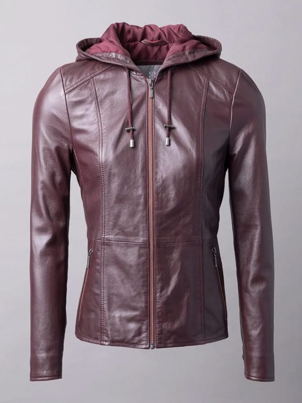 Womens Burgundy Leather Hooded Fashion Jacket