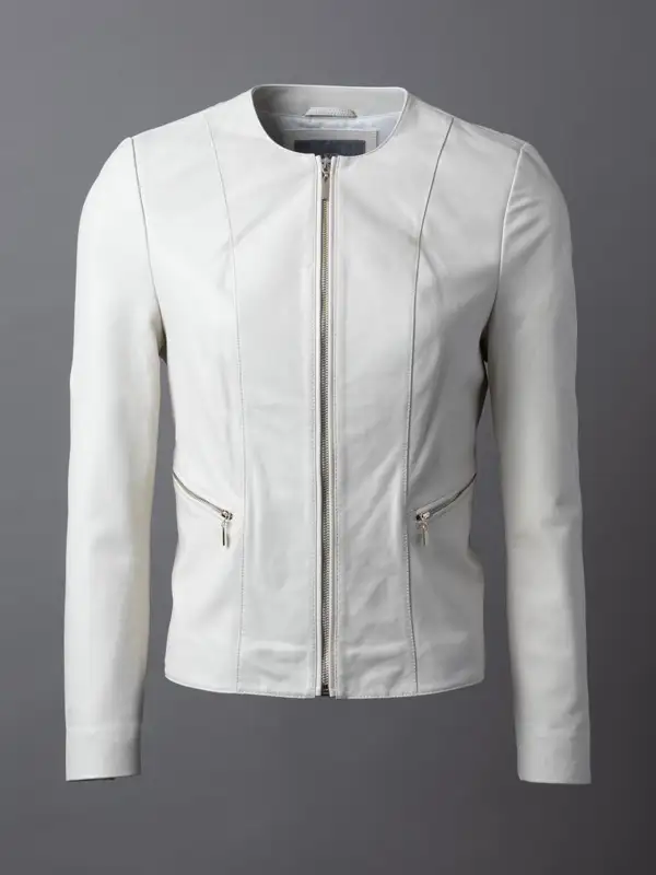 Women’s White Collarless Leather Fashion Jacket