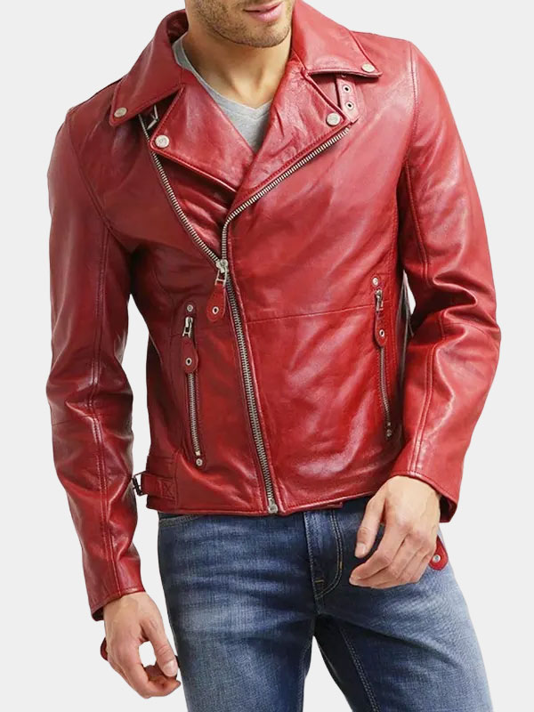 Red Biker Cafe Racer Mens Leather Jacket