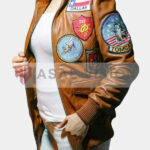 Womens Top Gun Patches Brown Leather Jacket