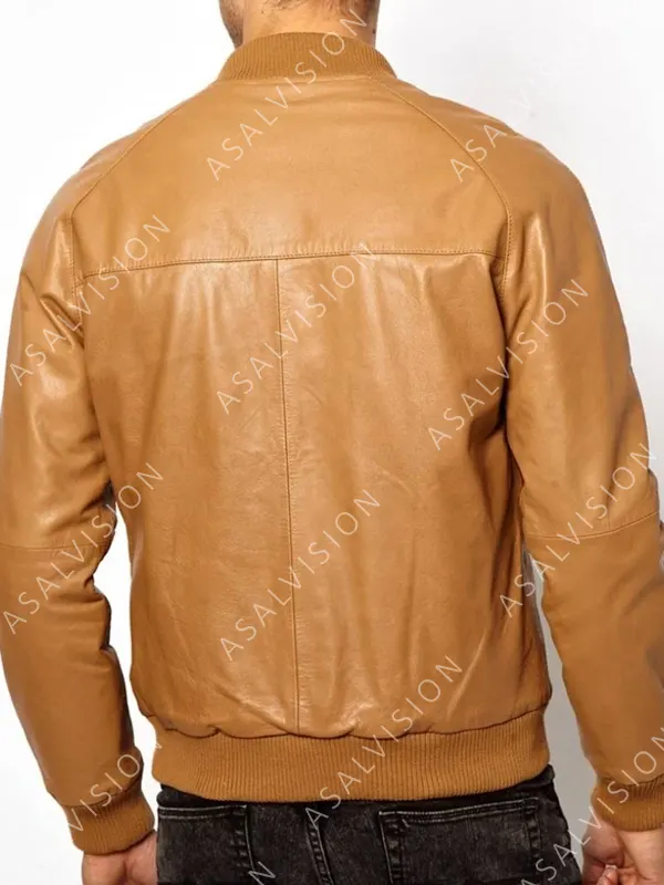 Casual Tan Brown Leather Bomber Jacket For Men's