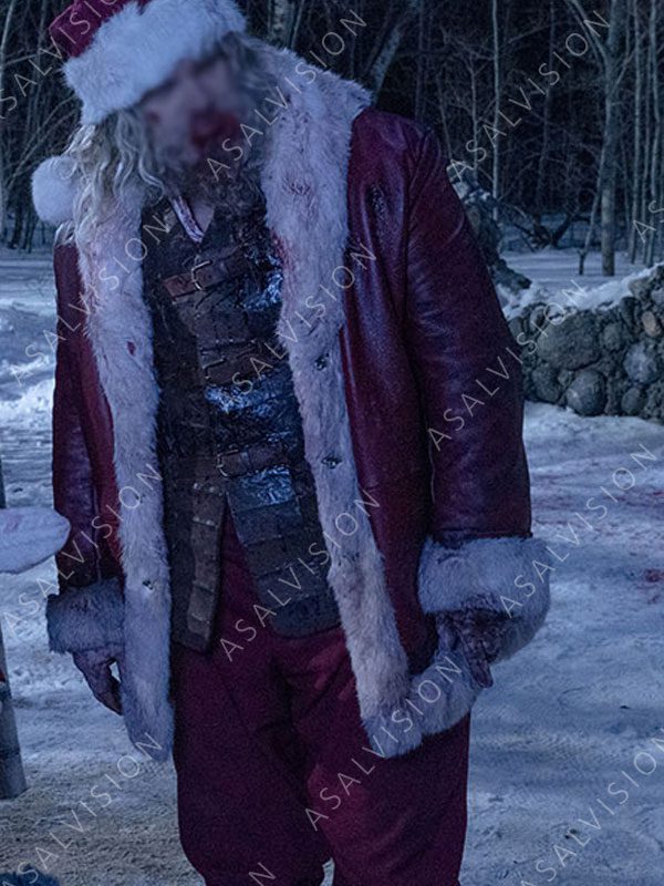 David Harbour Santa Claus Violent Night 2022 Red Leather Shearling Coat