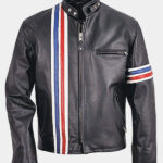 Striped Biker Black Leather Jacket