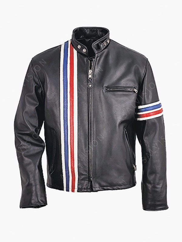 Striped Biker Black Leather Jacket