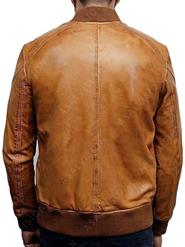 Tan Brown Waxed Real Leather Bomber Jacket For Men's